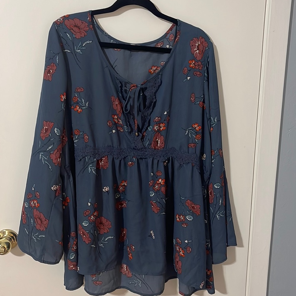 Eyeshadow brand blue and floral dressy tie up top
